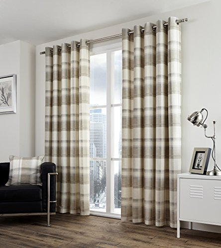 Fusion - Balmoral Check - 100% Cotton Pair of Eyelet Curtains - 90 Width x 72 Drop (229 x 183cm) in Natural