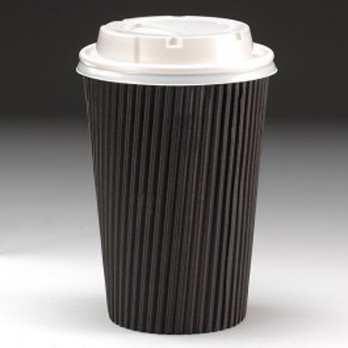 50x Black Ripple Disposable Hot Takeaway Coffee Cups (12oz-16oz,8oz) + White Lids (16oz)