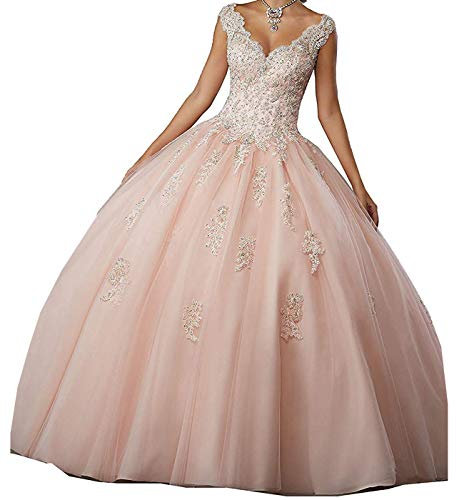 Carnivalprom Robe de Quinceanera pour femme avec dentelle - Robe de soirée longue - Robe de mariée élégante - Robe de bal (rose, 32), Rose, 34