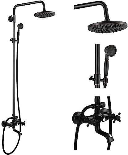 Wandmontage, ölgeriebene Bronze, Badezimmer, Regendusche, Wasserhahn-System, Mischbatterie, 20.3 cm, runder Kopf, Doppelknöpfe, Kreuz, 2 Griff, Badewanne, Handbrause, Wasserhahn, Badezimmerarmaturen