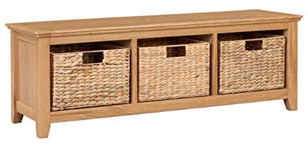 Hallowood Furniture Hereford Oak Storage Bench with Baskets, Solid Wooden Shoe Storage Cabinet with 3 Baskets and Seat, Ready to Use Entryway or Hallway Oak Furniture for Shoes, Bags & Accessories
