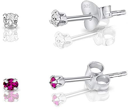 DTPsilver® 2 Pares de Semental Pendientes/Aretes de Plata de Ley 925 con Cristales Swarovski® Elements Minúsculos Redondos - Diámetro: 2 mm - Color: Cristal Claro + Fucsia