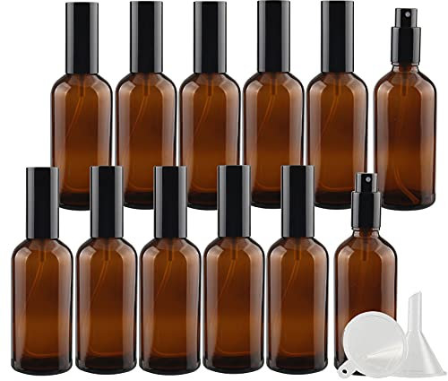 ZEOABSY 12 Piezas 100ml Frasco de Vidrio Marrón con Pulverizador Negro Botella de Cristal con Bomba en Spray Vacía Reutilizable Ideal para Perfume o Composición con Aceites Esenciales Embudo