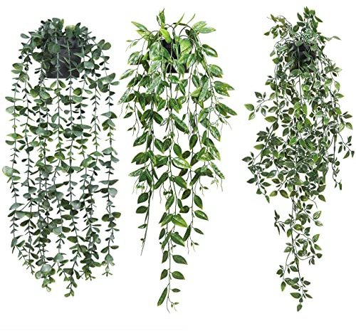 TOTOGA Plantas Colgantes Artificiales, Paquete de 3 Plantas Falsas en Maceta para Pared, hogar, habitación, Oficina, decoración Interior