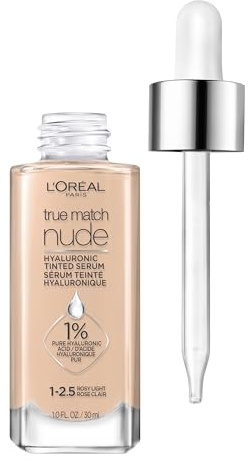 L'Oreal Paris True Match Nude Hyaluronic Tinted Serum Foundation with 1% Hyaluronic acid, Rosy Light 1-2.5, 1 fl. oz.