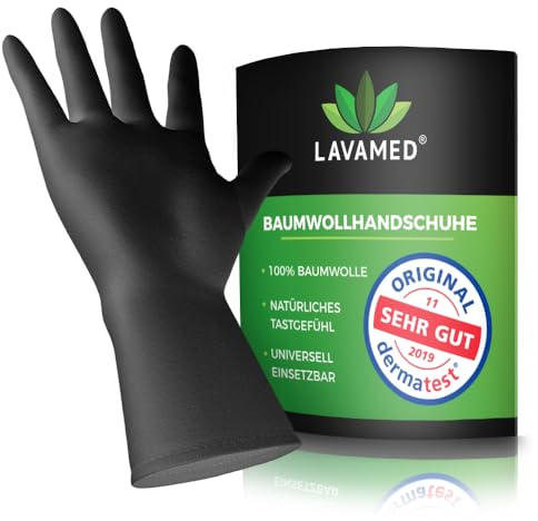 Unterziehhandschuhe Schwarz 100% Baumwolle (Dermatest: Sehr Gut) schwarze dünne Handschuhe für Handmasken, waschbare mit zertifizierter Hautverträglichkeit (2 Paar, XL)