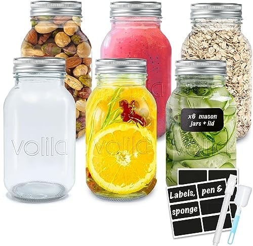 volila Bocal Mason – 1L (6 Pack) Bocaux En Verre Étanches De Avec Couvercles Pour Pot À Salade, Pot À Flocons D'avoine Ou Pot À Cornichon – Bocal En Verre Avec Couvercle, Étiquettes, Stylo & Éponge