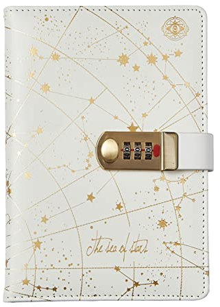 Auvier Starry Lock Leather Binder Notebook Stars Combination Lock Journal Personal Writing Diary,Gifts for Kids Women,Hard Cover, Bright Star, White C