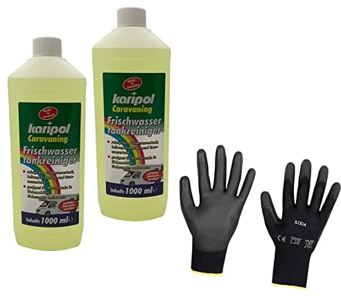2 x 1000 ml Frischwassertankreiniger + 1x ILODA Schutzhandschuhe für Campingwagen, Wohnmobile und Boote, Wassertank, Frischwasser Reiniger