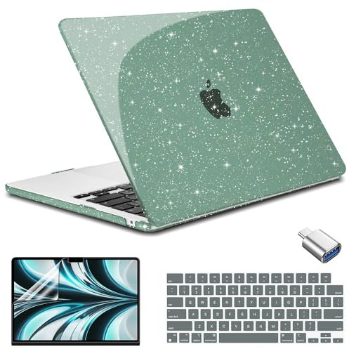 Conbovo Kompatibel mit MacBook Air 13 Zoll Hülle 2022 2024 2025 M2 M3 M4 A2681 A3113 A3240, Kunststoff-Hartschalenhülle Tastaturabdeckung, Displayschutzfolie, USB-C-Adapter, glitzerndes