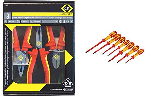 C.K T3805 VDE Pliers and Cutter, Red/Yellow, Set of 3 Pieces & Dextrovde Screwdriver Slotted Parallel & PH Set of 7