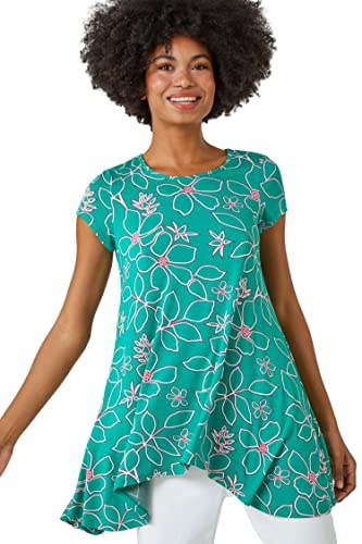 Roman Originals Textured Fan Print Stretch Hanky Hem Top for Women UK - Ladies Everyday Holiday Spring Summer Round Neckline Comfy Soft Evening Vacation Work Party - Green - Size 10