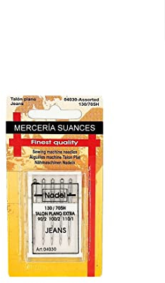 Agujas universales para vaqueros, talón plano para máquina de coser, paquete de 5 agujas JEANS con tamaños surtidos 90,100 y 110 incluye caja para guardarlas