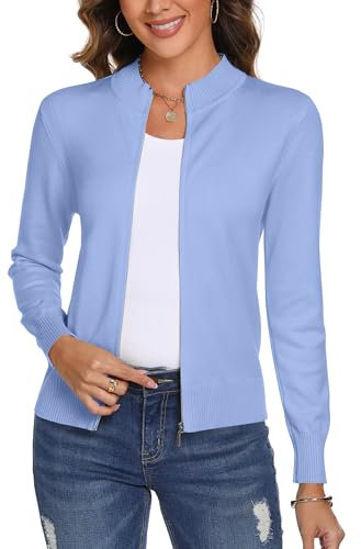 Aottori Cardigan Donna con Zip Maglione Cerniera Leggero Giacca in Maglia Elegante Golfino a Maniche Lunghe Pullover Aperta Casual per Primavera Autunno Azzurro S