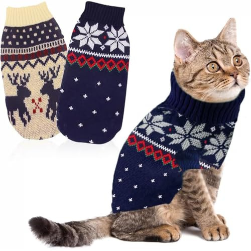 LATRAT 2er-Pack Weihnachts-Katzen-Hunde-Pullover, Schneeflocken, Rentier-Motiv, Strickwaren, Winterhaustierkleidung, Warme Haustierpullover für Kätzchen und kleine Hunde, Elch und Kitz, Tiefblau, S