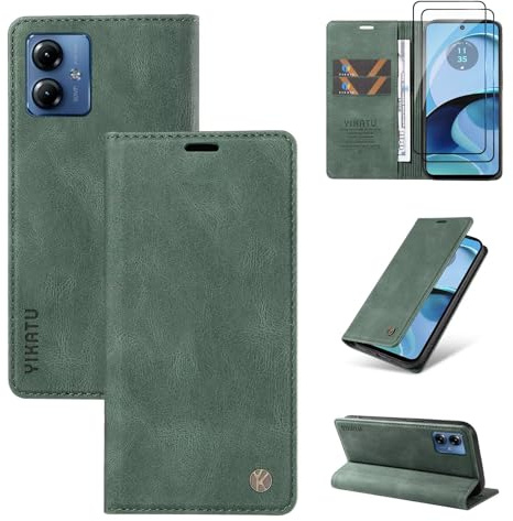 Beajew kompatibel mit Motorola Moto G14 4G Hülle [Mit 2 Stück Panzer Schutz Glas] Premium Leder Stoßfest Schutzhülle Kartenfach Klapphülle Handyhülle für Motorola Moto G14 4G, Grün