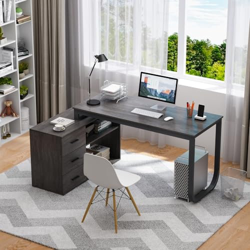 130 cm Großer L Förm Schreibtisch mit 105cm Aktenschrank, Eckschreibtisch Computertisch mit 3 Schubladen & 2 Regalen, Arbeitsplatz Executive-Schreibtisch mit Lagerregal für Home Office (Dunkelgrau)