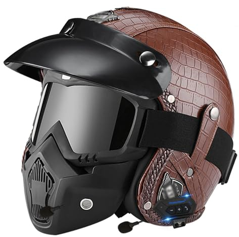 Halbschalenhelm Mit ECE-Zulassung Motorradhelm Bluetooth PU Leder Jet Helm Für Damen Und Herren Erwachsene Rollerhelm Mit Abnehmbare Maske Brain-Cap Halbschale Offener Helm 3,XL:61-62CM