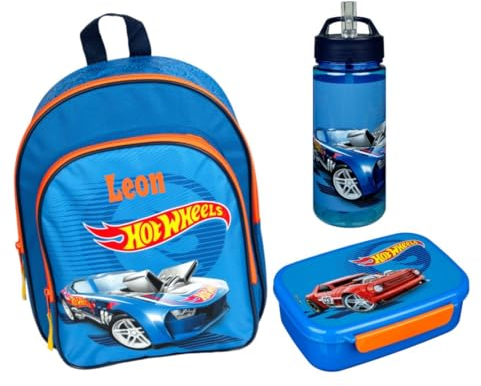 Kindergartenrucksack Hot Wheels Junge mit Brotzeitdose Trinkflasche - Personalisiert mit Name - Set Kinderrucksack mit Brotdose Trinkbecher