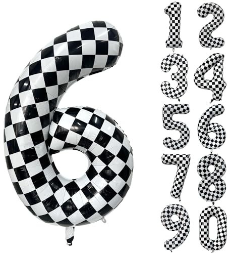 Number 6 Balloon Black and White Checkered Helium Balloon for Baby Shower, Anniversary, Birthday Decoration, Girls Boys Party, Race Car Party