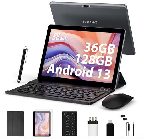 FLYCOAY Tablet 10 Inch 2025 Android 14 Octa-Core 2.0GHz,5G WIFI 6/ 36GB RAM+128GB ROM (TF 1TB), 8000mAh Battery/WLAN/OTG/BT 5.0, Widevine L1, Tablet With Keyboard,Case(Gray)