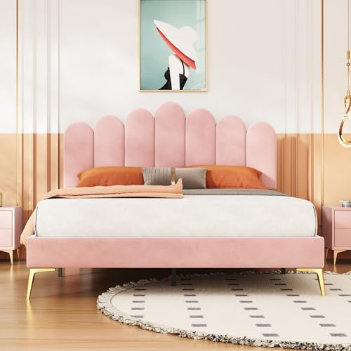Skcess Polsterbett Doppelbett 140 X 200 cm, Bettgestell Mit Kopfteil Und Lattenrost, Erwachsenen-Jugendbett-Gästebett In Hautfreundlichem Samtstoff Rosa