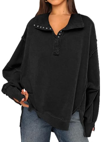 OLIPHEE Sweatshirts für Damen Sweatshirt Damen Oversized mit Knöpfe Frühling Herbst Pullover Langarmshirts für Damen V-Ausschnitt Revers Loose Tops Vintage Oberteile Shirts Y2K Clothes