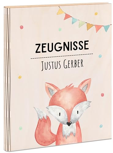 wunderwunsch® - Personalisierte Zeugnismappe aus Holz mit hochwertigem Spezial-Druck - Einschulung Geschenk - Zeugnismappe Jungen & Zeugnismappe Mädchen (Fuchs Girlande)