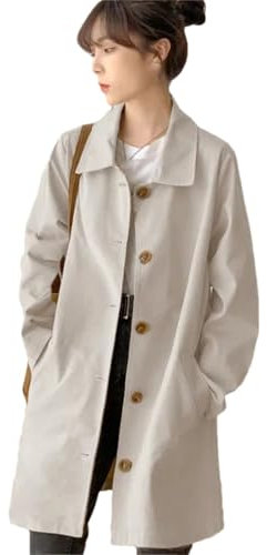 Hdhdeueh Gabardina de manga larga con solapa para mujer, botonadura única, color liso, holgado, con bolsillos, beige, L