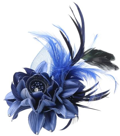 PATIKIL Pince à cheveux florale, 1 pièce Élégante broche à fleur en plume Chapeau Soie Mariage Fête Danse Banquet Broches Accessoires Charme Camélia Robe Dame, Bleu avec Plumes Noires