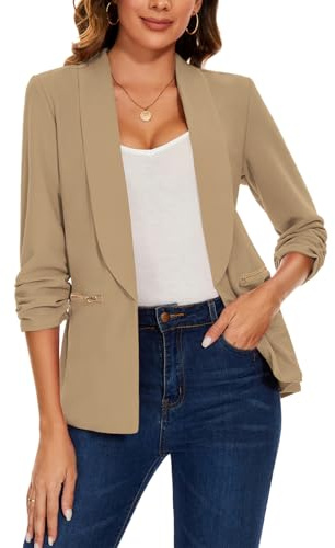 Womens Open Front Blazer Jacket 3/4 Ruched Sleeve Casual Cardigan Outerwear | Womens Open Front Blazer Suit Jacket 3/4 Ruched Sleeve Blazers Casual Cardigan Outerwear with Zipper Pockets