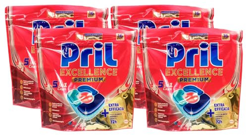 Caps Lavastoviglie Excellence Premium 5in1, Detersivo Lavastoviglie Contro Lo Sporco Ostinato e Secco Da 72h, Efficaci Anche Nei Cicli Brevi Ed Eco. Ogni Confezione Contiene 16 Caps (4 Confezioni)