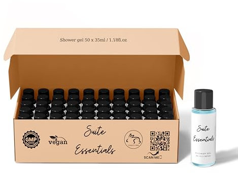 Suite Essentials Lot de 50 gels douche de 35 ml | Idéal pour les hôtels, les chambres d'amis, Airbnb et l'hôtellerie | Certifié GMP, sans cruauté envers les animaux, végétalien, emballage recyclable |