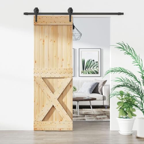 Scheunentür Schiebetürbeschlag Holzschiebetür Schiebetür Holz Tür Holztür Schiebetüren Trennwände Raumteiler Innentür Zimmertür mit Beschlag, 70x210 cm Massivholz Kiefer