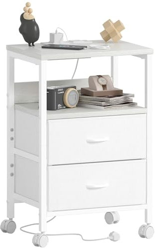 Lutown-Teen Table de Chevet à roulettes, avec Cadre en Métal et 2 Tiroirs en Tissu, Table de Nuit Blanche avec Multiprise (2 Prises CA, 2 Ports USB), pour Salon, Chambre à Coucher, Blanc