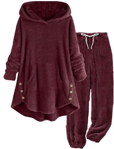 AnnSemo Vêtements de détente pour femme à capuche 2 pièces - Pyjama en polaire thermique - Ensemble complet - Pyjama moelleux à jambes larges - Ensemble de gym d'hiver avec poches - Uni