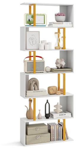COSTWAY Bücherregal Weiß, Standregal mit 6 Ebenen S-förmig, Büroregal freistehend, Aufbewahrungsregal Raumteiler für Wohnzimmer Arbeitzimmer Büro, 70 x 24 x 189 cm, 140 kg belastbar