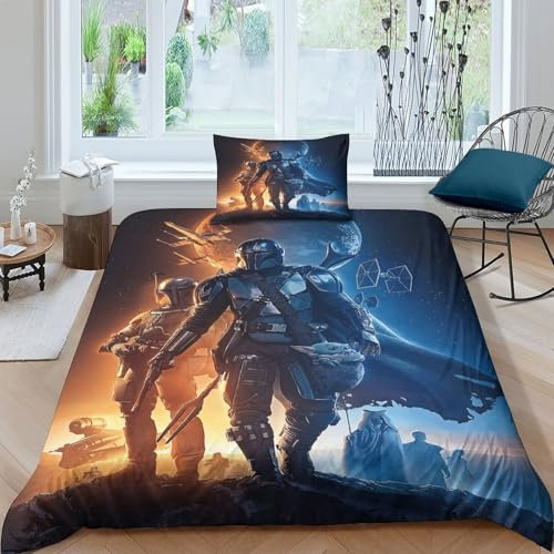 EVMILA Krieg der Sterne Bettbezug Set 3D Gedruckter Mandalorianer Bettwäschegarnitur Mädchen Junge Kinder Reissverschluss Und Kissenbezüge Weich Microfaser Bettwäsche 2 Teilig Single（135x200cm）