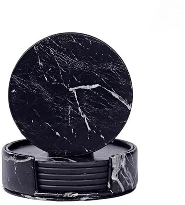 6x Coasters for Drinks with Holder Marble texture Round Cup Mat Pad Set UK (Black)