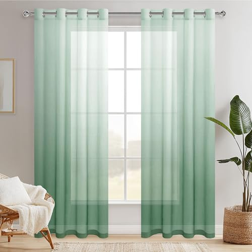 Hiasan Gardinen mit Ösen Vorhänge Farbverlauf Halbtransparent Wohnzimmer | Salbeigrün 140x225cm 2er Set, Ösenvorhang Gardine Vorhang aus Voile Leicht moderne Dekoschal für Schlafzimmer Kinderzimmer