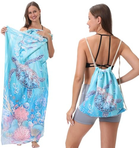 Gogola Strandtuch 80x160cm mit Rucksack-Funktion， Ultraweiches Mikrofaser Handtuch mit Meeresmotiven，Strandhandtuch, Hamamtuch, Saunahandtuch Perfekt für Strand, Pool, Sauna﻿(Schildkröten)