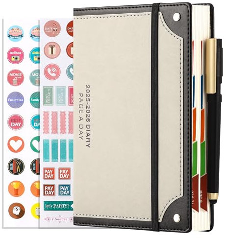 Tagesplaner 2025-2026, Seite pro Tag ，Juli 2025-Juni 2026 mit Stift, Sticker,A5 Terminkalender aus Kunstleder mit Gummiband und Stifthalter