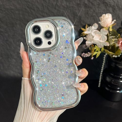 FABSPARK Case for iPhone 12/12 Pro,Crystal Diamond Rhinestone Shiny Bling Sparkly Glitter,Glossy Luxury Electroplated Curly Wavy Frame Wave Case,Aesthetic Cute for iPhone 12 Pro/12,Silver