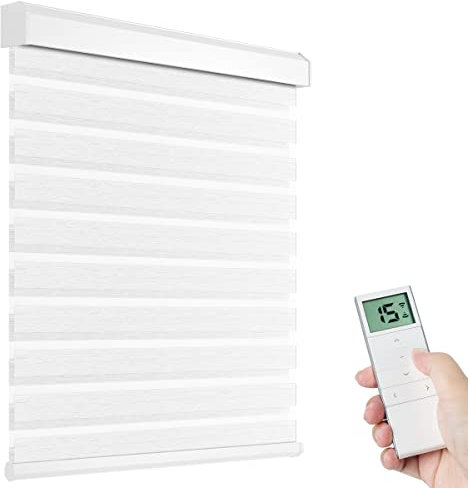 Tokblind Motorized Zebra Shades with Remote Control, Electric Dual Layer Sheer Roller Blind Work with Alexa via Hub, Smart Day and Night Horizontal Blinds for Windows, Customized Size (Texture White)