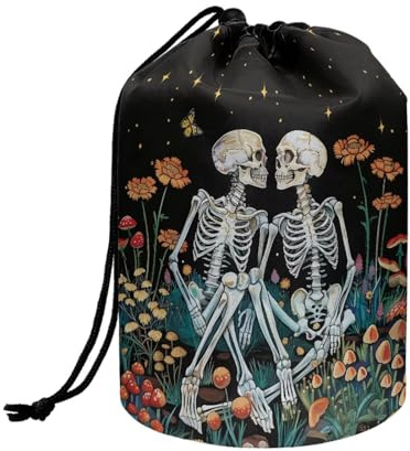 Wnbucioht Skull Skeleton Drawstring Cosmetic Bag for Women Funny Stand up Makeup Bag Flower Toiletry Bag Travel Essentials Makeup Organizer Case Foldable Toiletry Bucket Bags for Women Girls Gift