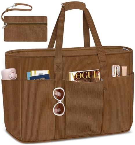 TEUEN Große Strandtasche mit Reißverschluss | 45L Tote Bag XXL Familie aus Kord Beach Bag Badetasche Shopper Damen für Strand Reisen Einkaufen Fitnessstudio Alltag