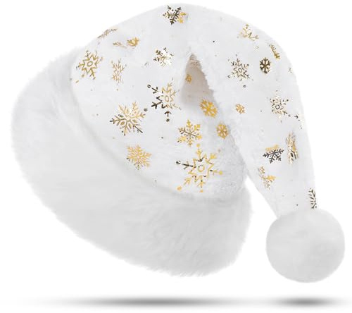 KONVINIT Bonnet de Noël blanc pour adulte, grand bonnet de Noël en peluche avec paillettes, bonnet de Père Noël en peluche pour fête de Noël ou costume