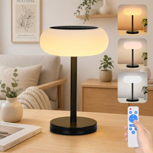 Rosnek Solar LED Tischlampe Kabellos, 4000mAh Tischlampe Outdoor Akku mit IP65 Wasserdicht & Timer, Intelligente Sensorik mit Fernbedienung, 3 Farbmodi & Stufenlos Dimmbar Tischleuchte für Garten