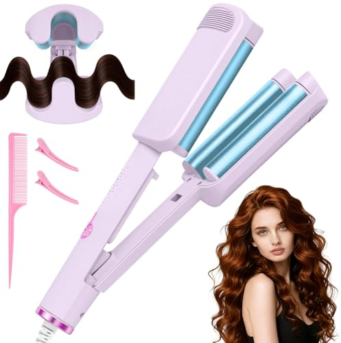 LOPHE Wave Hair Curler 32mm 4 Temperature Settings 160-220C 10 Second Fast Heating Anti-Scald Design & Travel Lock Dual Negative Ion Ceramic Tourmaline for Long Medium Short Hair Care Purple