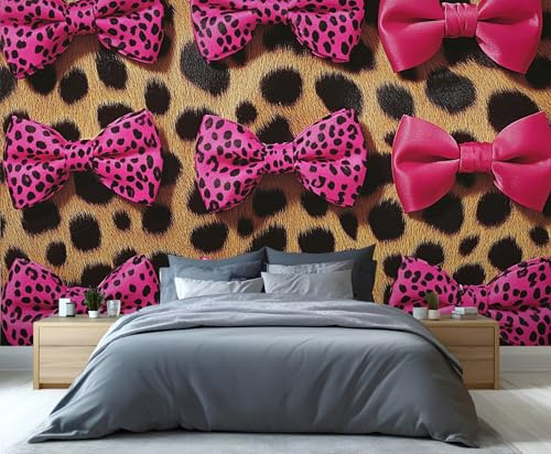YXQAIED Bow Wallpaper, Leopard Print Wallpaper Mural, Black Brown and Pink Wallpapers for Bedroom Living Room, Not Self-Adhesive Home Decor 3D Wall Murals